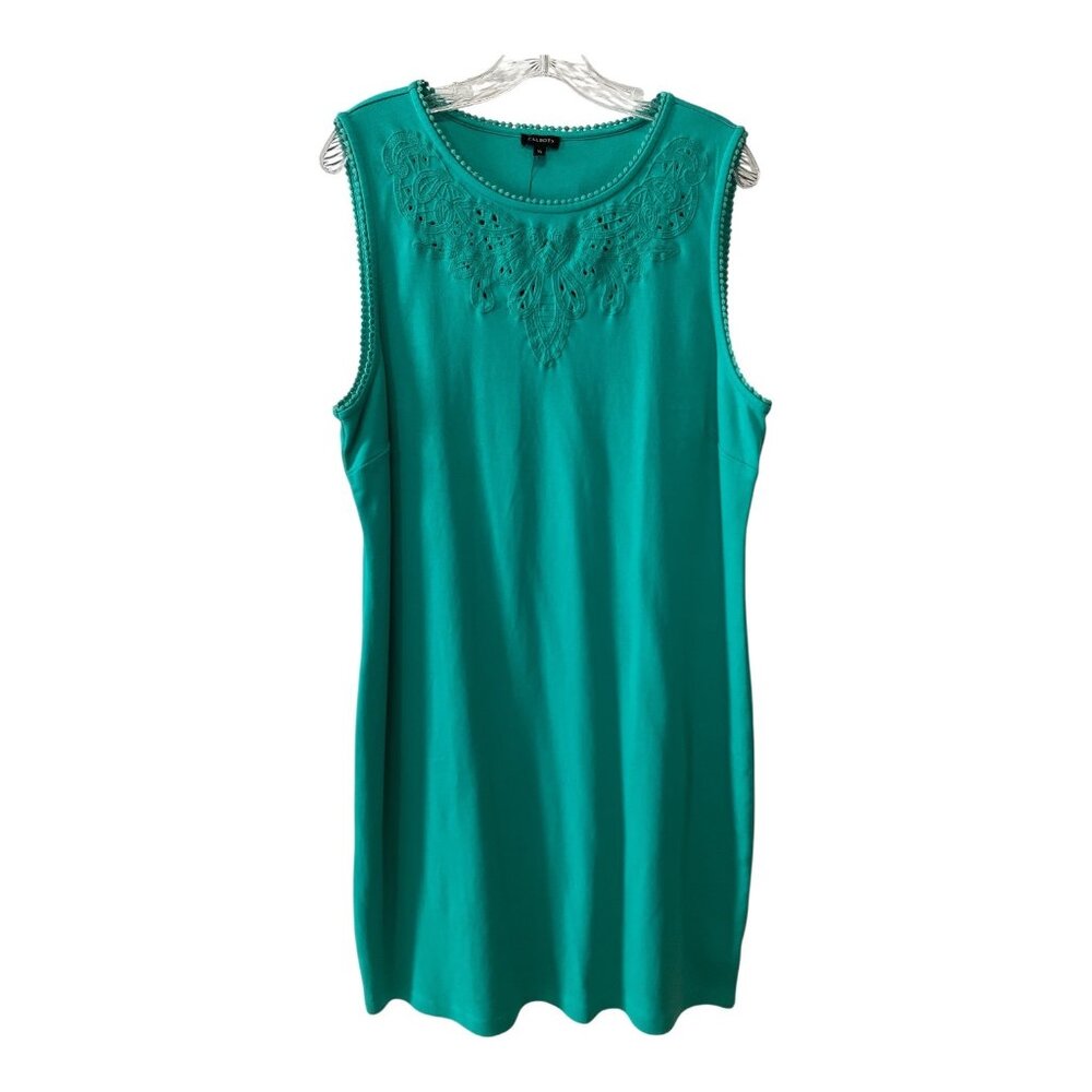 Talbots Teal Sleeveless Dress XL Cotton Embroidered Neckline NWT
